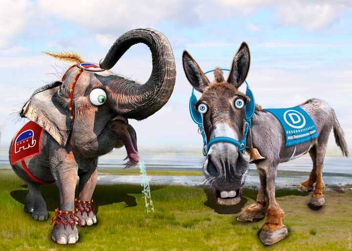 caricature of republican elephant and democratic donkey