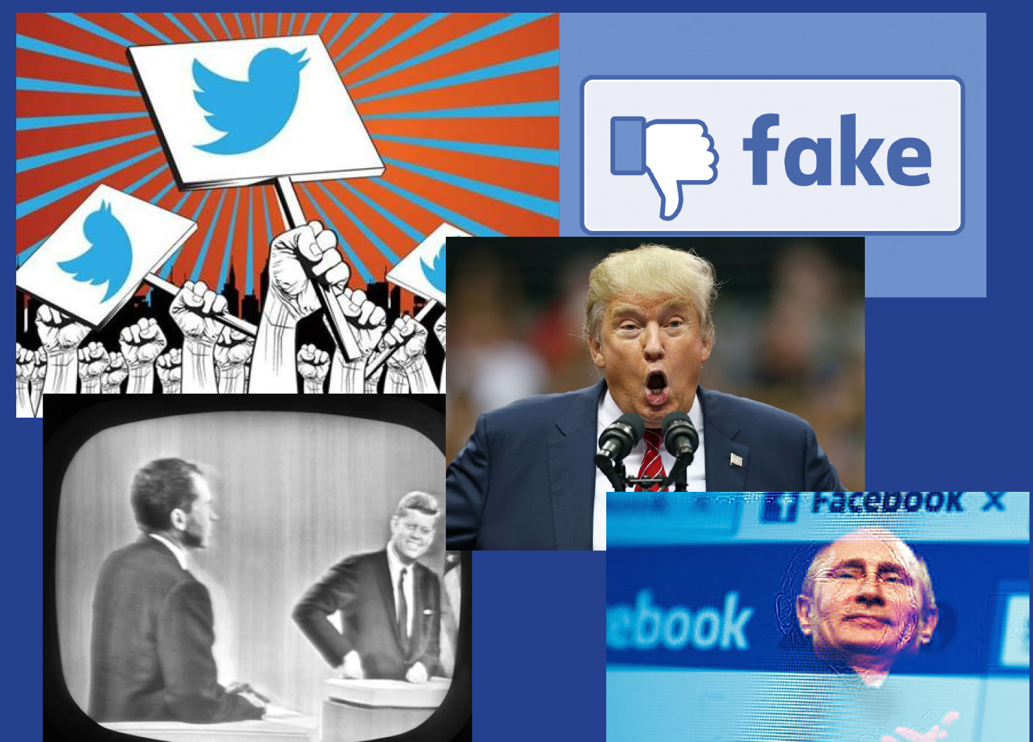 mass media collage of images of  facebook, trumpk, putin, etc.